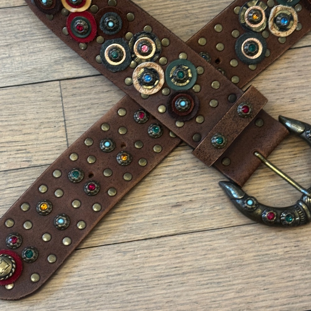 Nw Vintage Nanni Italy Studded Concho Leather Belt Jeweled Buckle Boho Western - Picture 8 of 10
